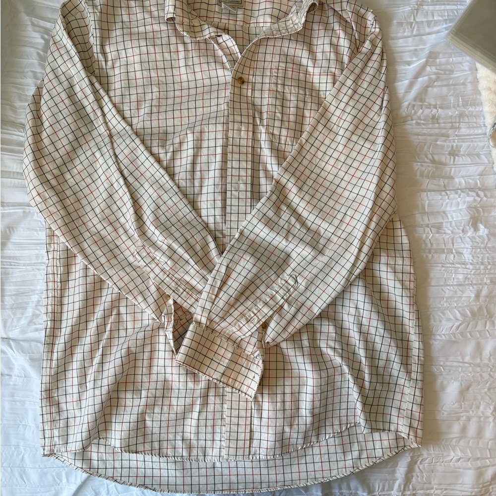 L.L. Bean Cream Button-Down Shirt with Red & Blue Windowpane